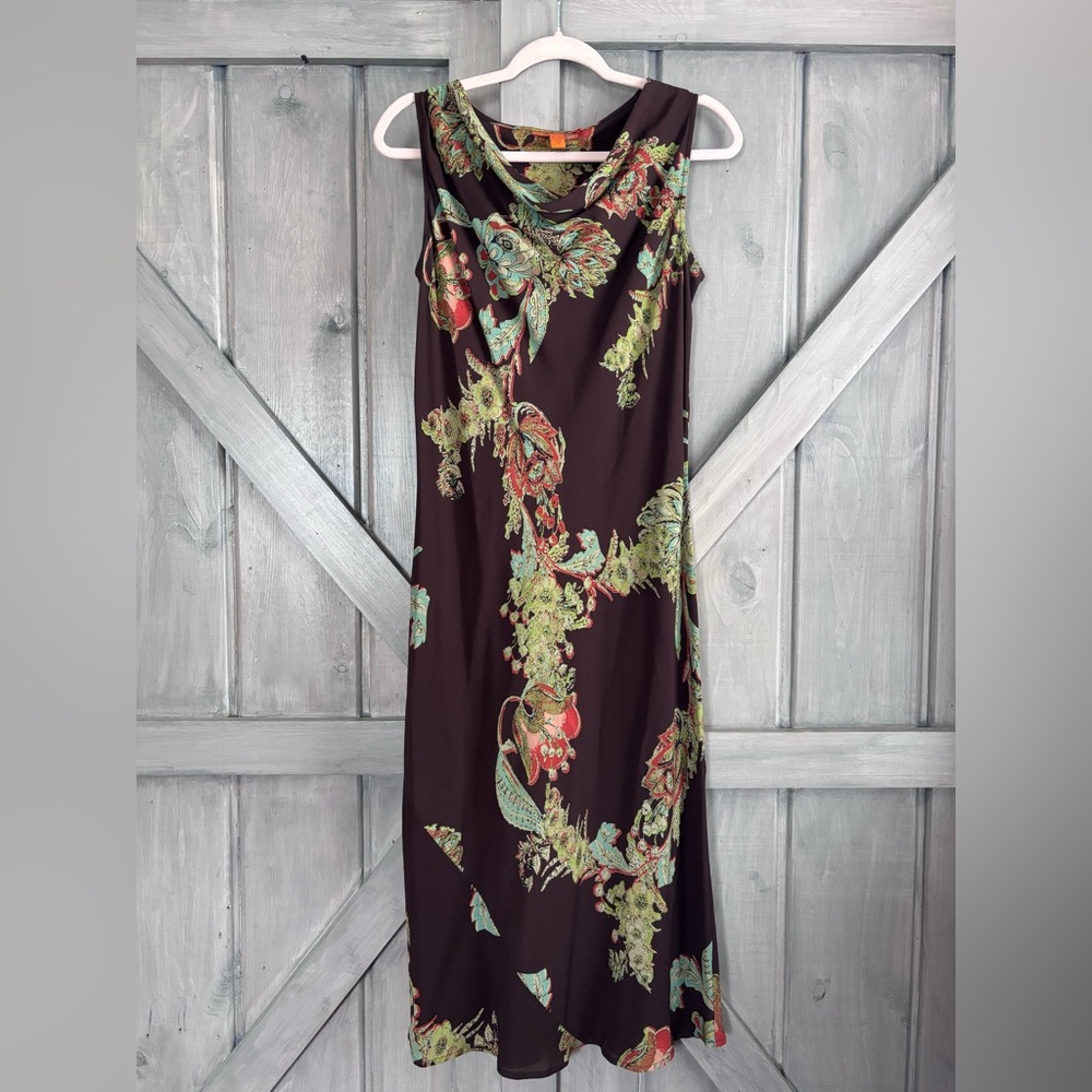 Harari 100%‎ Silk Brown Floral Cowl Neck Sleeveless Dress semi-sheer Size M $394 - Picture 2 of 7